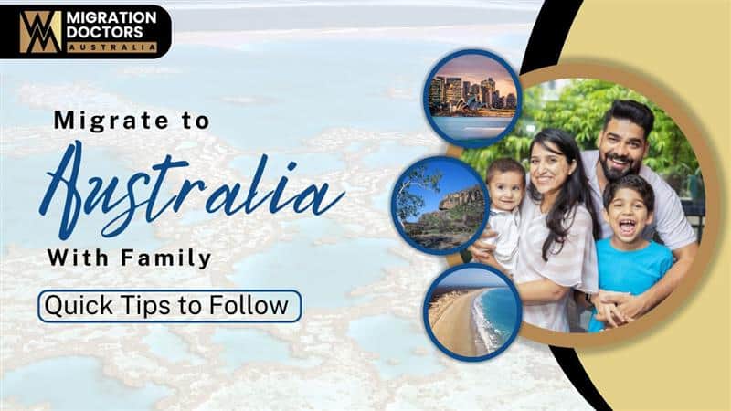 Happy Indian family with two children smiling, alongside scenic images of Australia and migration tips.